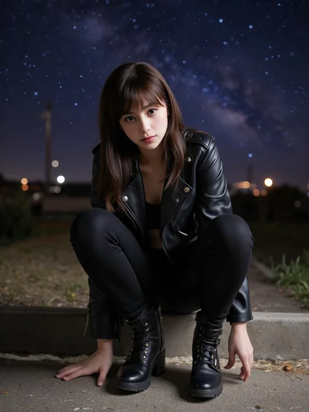 There are wonderful studio lights and various reflections,
18yo beautiful cute girl with blushing and female orgasm.skin naturally showing the texture of blood vessels and detailed pale skin,
--,
<lora:Nakajo_Ayami_f1:1>,she is Nakajo Ayami,
(Leather_biker_jacket:1.4),(Skinny_black_jeans:1.3),(Ankle_boots_with_buckles:1.2), Beautiful night,stars on sky,(night theme1.3),(Official_wallpaper1.3),(Nebula in sky1.3), #æç©º