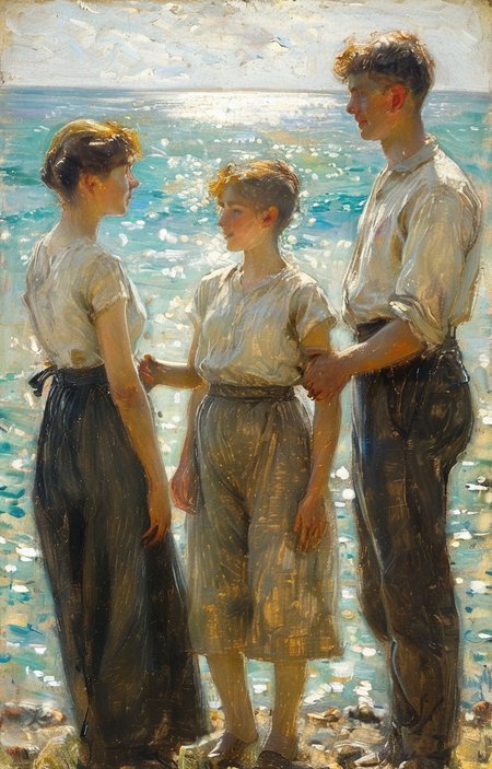 masterpiece,best quality,<lora:tbh239-sdxl:0.9>,illustration,style of Henry Scott Tuke portrait of family