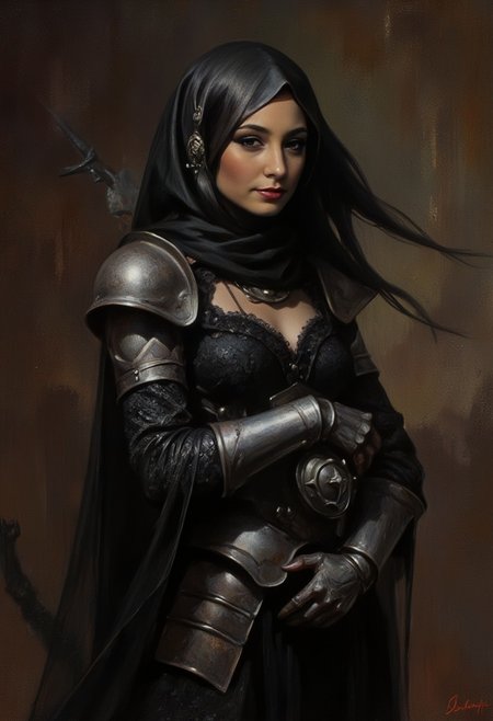 Frank Frazetta fantasy dark fantasy oil painting portrait of  a beautiful Middle Eastern Iranian wearing a Muslim Hijab, she has light brown skin and flowing straight black hair.  She wears heavy silver  Medieval Armor over a completely sheer black lace dress, wearing a black traditional hijab over her head