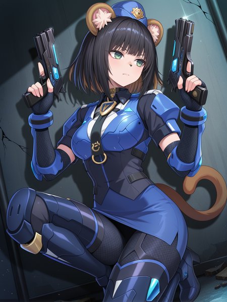 k9 city, official alternate costume, animal nose, k9-17 ripper, 1girl, solo, cracked wall, dutch angle, holding handgun, handgun, on one knee, on back, trigger discipline, closed mouth, medium breasts, blue garrison cap, blue fingerless gloves, white shirt, black vest, black necktie, blue jacket, blue pencil skirt, blue thigh boots, fishnet pantyhose,
masterpiece,best quality,amazing quality,very aesthetic,absurdres,newest,<lora:K9-17 Ripper & Izuna illusXL v1.33:0.72>,