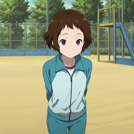 masterpiece, best quality, amazing quality, 1girl, solo, kotenbu_series_lbara_mayaka, standing, arms behind back, short hair, brown hair, anime coloring, jacket, track jacket, pants, purple eyes, red eyes, school playground, <lora:Ibara_Mayaka_-_Kotenbu_Series:0.7>
