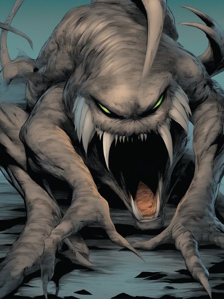 masterpiece, best quality, best score, absurdres, best anatomy, 
 <lora:[Todd McFarlane (associated Artists of Image Comics)] Spawn Art Style Issues 1-10 IllustriousXL:1>,western comics (style), monster, alien, claws, science fiction, demon, looking at viewer, fangs,