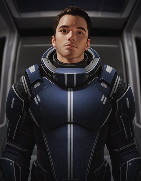 masterpiece, best quality, newest, perfect quality, best quality, detailed background, intricate details, male focus, solo, photorealistic, <lora:Mass Effect - Kaidan Alenko - Illustrious-000006:0.7>, mekalenko, 1boy, dark brown hair, short hair, thick stubble, brown eyes, looking at viewer, space station interior, spacesuit, head tilt towards viewer, standing, portrait