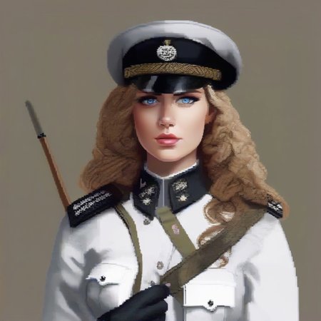 woman, soldier, slavic, blue eyes, long curly hair, brigadier cap, black and red uniform, sexy pose,fishnets