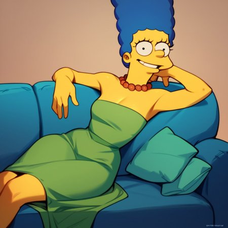 score_9, score_8_up, score_7_up, score_6_up, score_5_up, score_4_up, MargeS, green dress, necklace, blue hair, on a couch, smile
