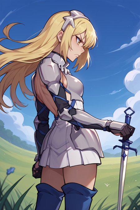 score_9, score_8_up, score_7_up, score_6_up, source_anime, BREAK 1girl, solo  <lora:aiswallenstein-pdxl-nvwls-v1:1> ais wallenstein, hairband, armored dress, gauntlets, black gloves, thigh boots, holding rapier, serious, from side, blue sky, field, brandishing sword