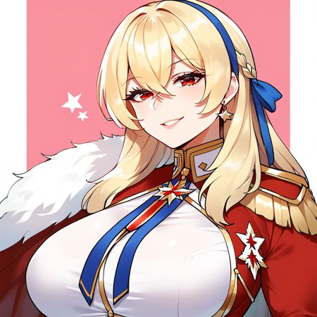 1girl, solo, portrait, close-up, from side, looking at viewer, smile, abstract background, masterpiece, amazing quality, best quality, very aesthetic, absurdres, zPDXL3, by marushin, mlkgv, blonde hair, blue ribbon. dress uniform, fur-trimmed cape, hair between eyes, large breasts, long hair, medal, red eyes, striped ribbon, epaulettes, (mature female:1.2), tall female, large breasts, curvy, beautiful face, highly detailed faces and eyes,