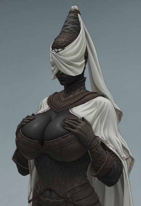 score_9, score_8_up, score_7_up, score_6_up, score_5_up, score_4_up, 1girl,  <lora:NoxSwordstress:0.85> solo, huge breasts, colored skin, black skin, faceless, veil, helmet, armor, cape, cloak, gloves, boots, upper body, cleavage, hands on breasts, 
(light blue background:1.15), simple background,