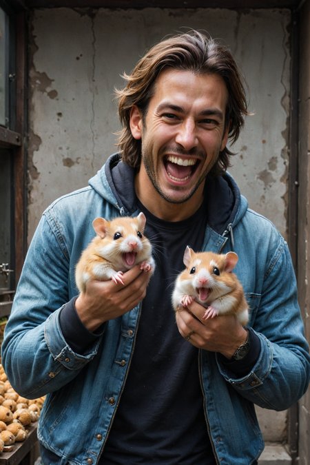 by ((( Ayami Kojima ) and  Dorina Costras ) and  Michael Garmash ) and  Emiliano Ponzi ,  man holding up two cute hamsters while laughing maniacally, dual wielding hamsters <lora:happy:0.25><lora:maniacal_laughter:1.75><lora:dual_pistols:0.35> ,   <lora:more_art:0.30> <lora:midjourney:-0.15> <lora:RMSDXL_Enhance:0.50> <lora:RMSDXL_Creative:0.50> <lora:RMSDXL_Photo:0.50> <lora:RMSDXL_Darkness_Cinema:0.50> <lora:clothing_slider:2.00> <lora:great_lighting:1.50> <lora:aesthetic:1.50> <lora:photorealistic_portrait:1.50> <lora:extremely_detailed:1.50> <lora:dpo:0.25> <lora:perfect_hands:0.50>