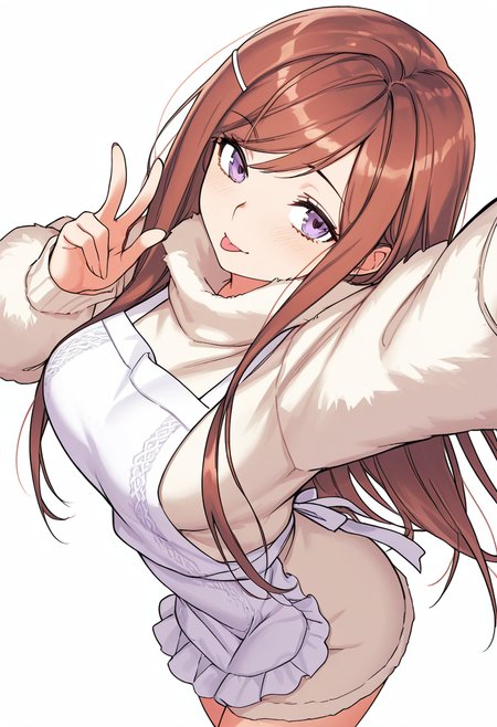 Smooth Quality,masterpiece,very intricate, high quality details, ultra realistic, high detailed skin,detailed enviorement,absurdres,
simple background, white background, dancing,skindentation, solo,sideways,w,
 <lora:Dasom_Lee_CNR:0.8> dasom_cnr,  1girl, brown hair, long hair, bangs, purple eyes,hairclip,oversized sweater, ,fur coat,,apron skirt,  ,, torogao,, :p,