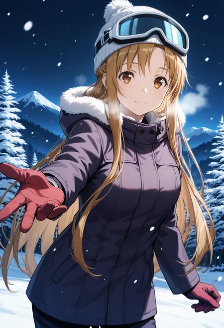 masterpiece, best quality, 1girl, solo, aaasuna, long hair, brown hair, braid, fur-trimmed hood, fur trim, ski goggles, goggles on head, jacket, ski gear, beanie, hood down, outdoors, winter, breath, (snowing), beckoning, reaching towards viewer, cowboy shot, brown eyes, gloves, night, night sky, nature, looking at viewer, mountain, scenery, forest, light smile, closed mouth