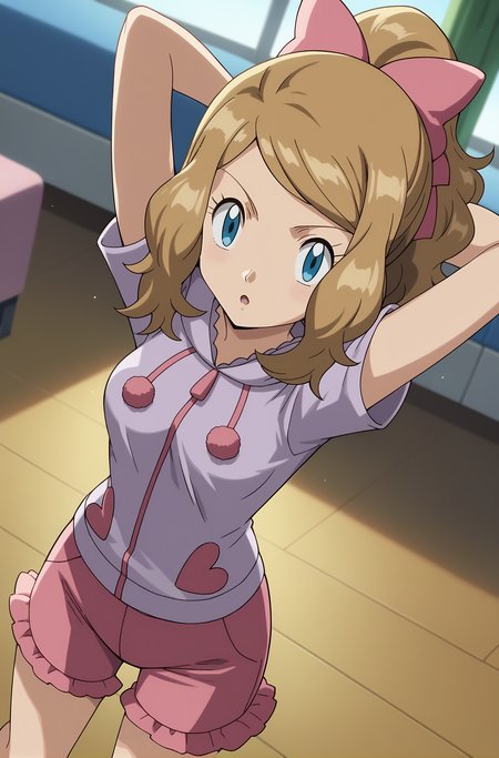 score_9, score_8_up, score_7_up, source anime, anime, animification, anime screencap, anime coloring, vivid colors, shiny skin, skindentation, deep skin, depth of field, high quality, highres, (dynamic angle,dynamic pose),
serenapajamas, 1girl, solo, long hair, looking at viewer, blue eyes, short sleeves, bedroom, brown hair, ponytail, hair bow, shorts, armpits, pink bow, arms behind head, pink shorts, serena \(pokemon\)
BREAK
masterpiece,high quality
 <lora:Serena_Pajamas_XL:0.9>