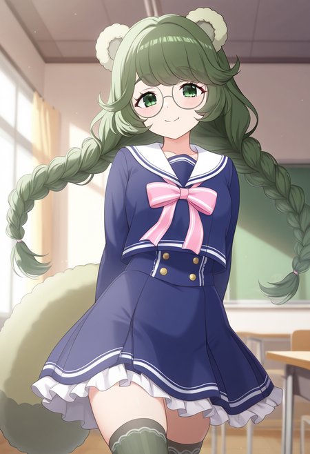 1girl,solo,<lora:pokoeil:0.9>,pokoe_(show_by_rock!!),animal ears,green eyes,twin braids,glasses,long hair,green hair,raccoon tail,school uniform,blue shirt,blue skirt,sailor collar,long sleeves,pink bow,black thighhighs,looking_at_viewer,cowboy_shot,classroom,windows,smile,arms_behind_back,closed mouth,masterpiece,best quality,good quality,newest,incredibly absurdres,