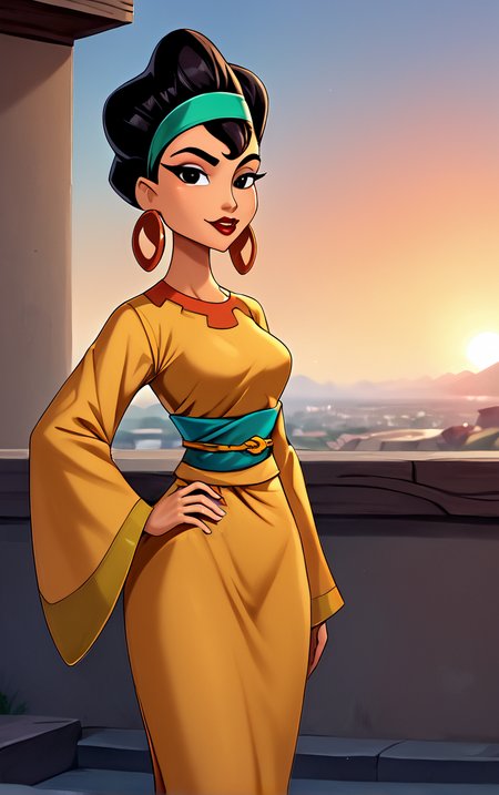 score_9, score_8_up, score_7_up, score_6_up, looking at viewer,  BREAK
MainOutfit_EmprorerGroove_Chicha_ownwaifu, 
1girl, black hair, dark-skinned female, jewelry, black eyes, makeup, lipstick, short hair, headband, hairband, red lips, hair bun, breasts, hoop earrings, single hair bun,
yellow dress, long sleeves, wide sleeves, japanese clothes, belt, orange dress, sash, 
(contrapposto, hand on hip), sunset, sidelighting, cityscape, outdoors, <lora:PONYXL_EmprorerGroove_Chicha_ownwaifu:1> , depth of field, solo,
