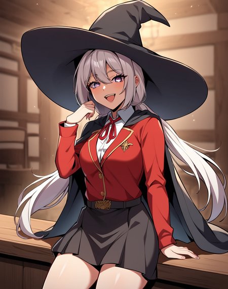 lucy_mayreel, white hair, long hair, twintails, purple eyes,  white shirt,  school uniform, red neck ribbon, red jacket, collared shirt, black cape, witch hat, manhwa, BREAK  indoors, medieval, tavern, BREAK looking at viewer, sexy face, sexy smile, open mouth, cowboy shot BREAK score_9, score_8_up, score_7_up, source_anime ,zPDXL, perfect hand,  <lora:Lucy_Mayreel_r1:0.8>