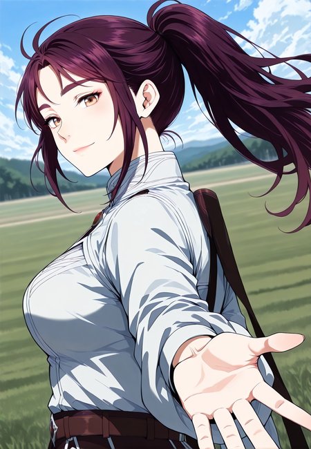 <lora:Vanesy_Glory__The_Beginning_After_the_End__Illustrious:1>
1 girl, solo, brown eyes, purple hair, long hair, ponytail, sidelocks, thick eyebrows, 
uniform, white shirt, long sleeves, belt, boots, <lora:iLLMythG0thicL1nes:1>
score_9, score_8_up, score_7_up, very aesthetic, source_anime, detailed, high quality, beautiful, masterpiece, detailed eyes, field, blurry background, pose dynamic angle, upper body, cowboy shot, light smile, looking back, reaching out, floating hair