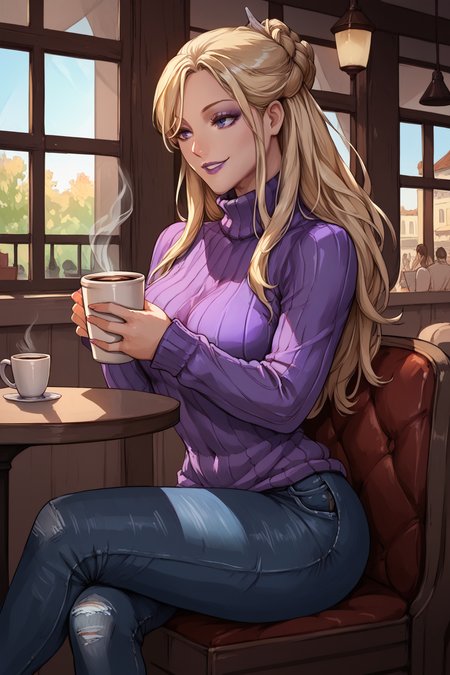 score_9, score_8_up, score_7_up, masterpiece, high quality, extreme detail, absurdres, (detailed skin texture) BREAK. realisitc
 <lora:Blue SpiritPonyLora:1>bluspi, long hair, braid, purple sweater, high collar, jeans, sitting in a cafe, holding a mug of coffee, smile