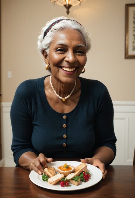 score_9, score_8_up, score_7_up, score_6_up, 1girl, black, dark skin, very old, grandma, cornrows, mature, older woman, holding platter, standing, leaning over dining table, laughing, light hearted shot, modern dining room background,
