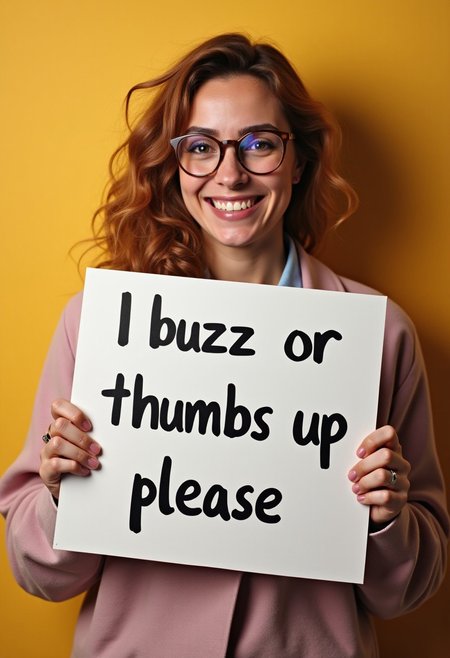 cute woman holding sign "i need buzz or thumbs up please"