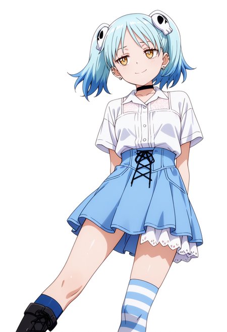 masterpiece,high quality details, absurdres,
 <lora:Izutsumi_Marín:0.8>
izutsumi_cnr, 1girl, blue hair,yellow eyes, multicolored hair,  skull hair ornament, twintails, black choker,ear piercing,, simple background, white background, dynamic angle,solo,, sad smile,thinking,, 0w0,, ultra realistic, high detailed skin,, lace-up top,dress shirt,asymmetrical skirt,,mismatched legwear kneehighs,