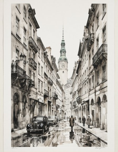 Inkquaria. A black and white, watercolor and ink drawing of a city street scene from a perspective perspective, featuring a cityscape with tall buildings on both sides and a clock tower in the background. the scene is depicted in a monochromatic style, with a focus on the cityscape and the architecture of the buildings. on the left side of the image, a vintage car is parked on the street, and on the right side, a few people are walking on the sidewalk. the car is a classic car, and the people are dressed in formal attire, with one person wearing a long coat and another wearing a hat. the street is wet, with puddles of water on the ground, creating a sense of depth and dimension. the buildings on either side are detailed with architectural features, including windows, balconies, and balconies on the balconies. in the distance, a large, ornate building with a green spire can be seen, adding to the sense of grandeur and grandeur of the scene. the overall atmosphere is one of tranquility and tranquility, with the contrast between the two elements creating a striking visual effect.