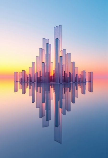 The image depicts a minimalist 3D arrangement, with a strong dynamic perspective effect, hundreds of very thin polarized mirror tinted glass parallelepipeds with razor-sharp edges and perfect geometry, with precisely interlocking perfect reflections, the towers surfaces is etched with lines forming grids. They are positioned in a formation reminiscent of the skyline of buildings in an ultra-futuristic megalopolis, with varying heights, the further away from the centre one gets, the more tiny the parallelepipeds become, creating the impression of a sprawling metropolis extending to the horizon. The parallelepipeds are polished to a mirror-like shine, reflecting their surroundings with crystal clarity. The parallelepipeds become taller as they approach the center, forming a cluster of towers. The arrangement is placed on an infinitely flat surface of mirror-polished stainless steel that stretches to the invisible horizon, creating a seamless and endless reflection. The background features a pristine, pure sky with vivid polarized colors at sunrise, enhancing the overall sense of perfection, symmetry, and tranquility.