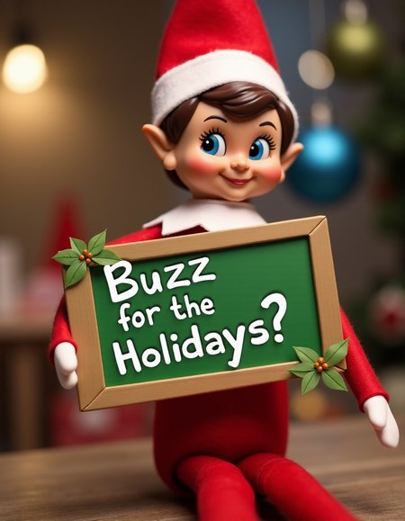 A picture of an elf holding up a sign saying "Buzz for the Holidays?"