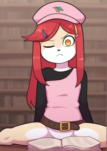 1girl,;(, belt, book, bookshelf, closed mouth, frown, hair ornament, hairclip, hat, library, long hair, long sleeves, one eye closed, pink headwear, red hair, shirt, solo, spread legs, yellow eyes,furry female,  <lora:wherewolf:1>