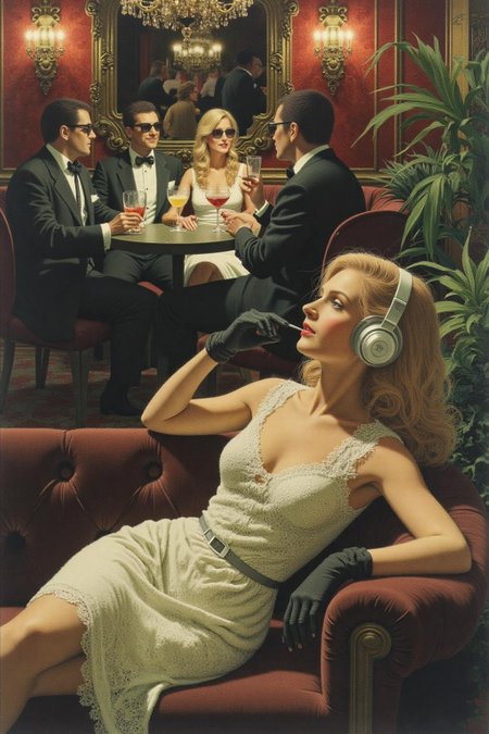 jeanleonhuens1 illustration.
A luxurious, dimly lit lounge set in 1970s Italy, exuding vintage charm and opulence. A stylish young woman in a lace dress, wearing oversized headphones, lounges on a plush velvet couch with an air of cool detachment. She dons sleek black gloves, embodying the effortless glamour of the era. In the background, a group of fashionable, well-dressed people in tailored suits and cocktail dresses sit around a table, enjoying drinks and conversation, all wearing sunglasses. The room is adorned with ornate gold decor, rich velvet textures, and the warm glow of dim lighting, evoking the chic sophistication of Italy's high society in the 1970s.
  <lora:jeanleonhuens1_ap_d6a3e12:1.0><lora:844826647296464451:0>