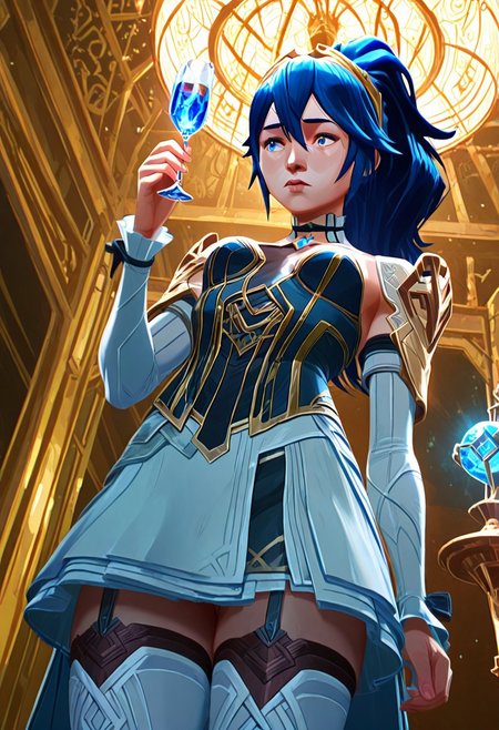 1girl, Lucina, (((elegant hextech corset with glowing blue gemstones and intricate gold filigree))), thigh-high stockings with circuit-like seams, electric-blue hair in a high ponytail, sapphire eyes gleaming with mischief, standing in a grand Piltover ballroom, chandeliers reflecting off her armor, holding a champagne glass filled with shimmering liquid, Dutch angle from below, cinematic lighting, hyper-detailed, 8k UHD, masterpiece
arcanstyle, 
(((Cowboy shot)))