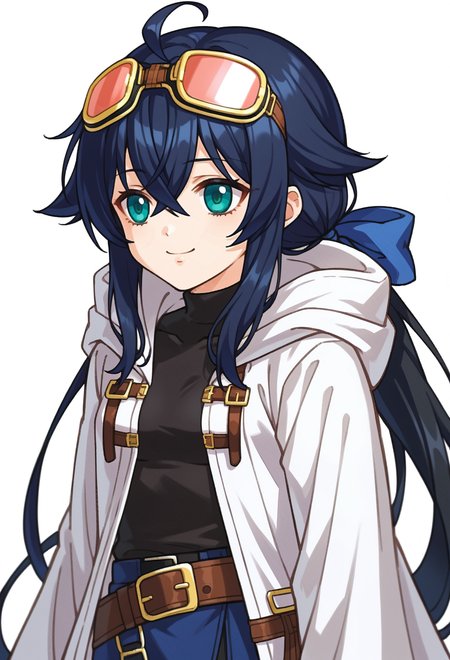 score_9, score_7_up, source_anime, BREAK solo,  <lora:zs_FE10PortraitsXL:1> fe10portraits, portrait, white background,, smile, 1girl, teal eyes, (black hair:1.2), low ponytail, ahoge, absurdly long hair, hair flaps, hair between eyes, crossed bangs, small breasts, (goggles on head:1.2), hooded coat, open coat, black turtleneck, blue half-skirt, pants, black knee boots, multiple straps, white coat, layered clothes, blue hair ribbon, pants under skirt, belt, chest belt,