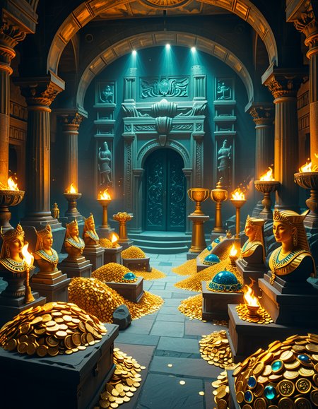 A hidden treasure chamber deep within an ancient temple, illuminated by the warm golden glow of torches and mystical blue light from enchanted crystals. The room is filled with piles of gold coins, jewel-encrusted goblets, and ancient artifacts covered in dust. Massive stone statues of forgotten deities guard the chamber, their eyes glowing faintly as if watching intruders. In the center, a grand pedestal holds a legendary artifactâan ornate golden crown encrusted with emeralds and sapphires, shimmering with an otherworldly aura. The walls are adorned with intricate carvings depicting lost civilizations, and creeping vines hint at centuries of abandonment. The atmosphere is mystical and slightly eerie, with a sense of both wonder and danger. The air is thick with the scent of aged parchment and burning incense, adding to the chamberâs ancient and mysterious feel. Cinematic lighting with dramatic shadows enhances the depth and richness of the scene, creating a visually stunning and immersive environment.
<lora:SDXLFaeTastic2400:0.4> <lora:extremely_detailed:0.4> extremely detailed, <lora:treasure_ch4mb3r:1>,treasure ch4mb3r, Masterpiece,best quality,hi res,8k,hi res,8k,award winning,(sharp focus, intricate, highly detailed),