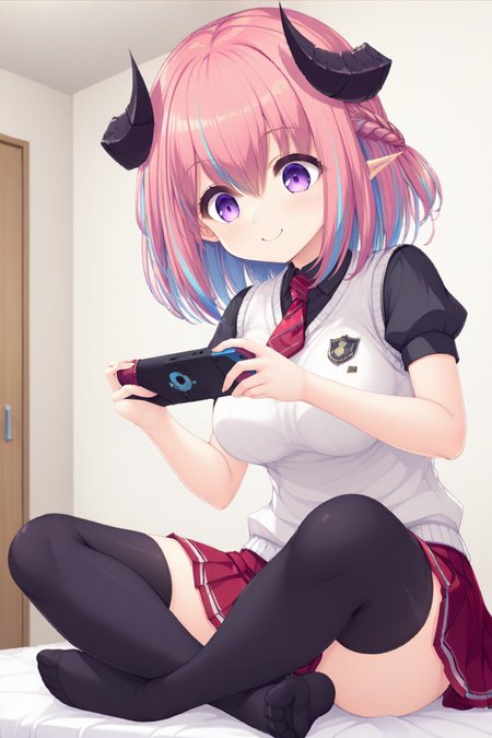 masterpiece,best quality,amazing quality,highres,scenery,newest,1girl,official style,hellmilia, horns, demon horns, purple eyes, braid, pink hair, multicolored hair, pointy ears, bangs, blue hair, hair between eyes, two-tone hair,hellmilia school, thighhighs, red skirt, skirt, pleated skirt, short sleeves, black thighhighs, breasts, shirt, puffy sleeves, medium breasts, collared shirt, necktie, puffy short sleeves, sweater vest, white shirt, streaked hair, tail,
 <lora:newworld-hellmilia-V1:1>,bedroom,bed,smile,indian style, playing games, feet,from below