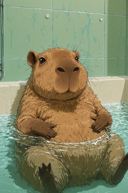 no humans, capybara, rodent, animal focus, bathtub, bathroom, tile wall, soaked, sitting in water, water surface, relaxed, neutral expression, hands on stomach, partially submerged,                       
masterpiece,best quality,amazing quality,very aesthetic,absurdres,newest, anime coloring,   