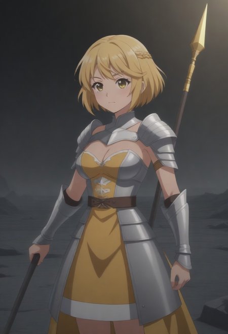 (outdoor, rubble, fantasy background, dim lighting:1.5), 
8k, super high vision:, intricate details, Super high quality, Super high resolution, masterpiece, full color, (anime art, anime screencap:1.5), 
super cute girl, super cute face, 
narrow waist, top heavy, tiny hips, small hips, skinny, tiny hips, hips, thigh, thighs, 
(brave perspective, holding spear, hold with both hands, hold a weapon in both hands, thunder spear, spear, flag, weapon bearer, dynamic:1.5), 
(female knight, dress armor:1.5), 
(beautiful breasts, medium breasts:1.5), 
(1girl, soro:1.5), 
(Jeanne, short hair, blonde hair, cowboy shot:1.5),