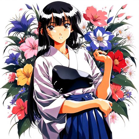 <lora:SG_ayasaki_wakanaXLanimagine001>,
masterpiece,high score,great score,absurdres,
flower background,glitter,
smile,
looking at viewer,
solo,
anime coloring,retro artstyle,1990s \(style\),
ayasaki_wakana\(sentimental_graffiti\),1girl,black hair,long hair,brown eyes,
kyuudou,white kimono,muneate,blue hakama,single glove,
cowboy shot,
standing,
