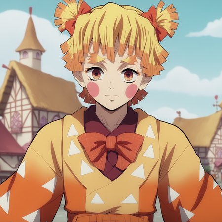 <lora:SlimesFemZenitsu-000003:1>, slimes_femzenitsu, eyes open, brown eyes, village background
