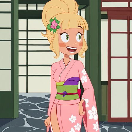 <lora:MissTinker_pony_v1:.8>  MissTinker, 1girl, blush stickers, blonde hair, green eyes, single hair bun,  breasts, sidelocks, bangs, cowboy shot,, japanese clothes, kimono, hair ornament, blush, hair flower, pink kimono, sash, obi, floral print, wide sleeves