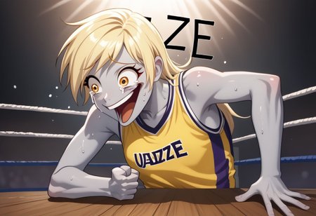 EnD_Niji_Sports, source_pony, Wheeze, open mouth, tears, laughing, Derpy Hooves, colored skin, grey skin, smile, crazy eyes,  collarbone, upper body, shirt, bare shoulders, closed mouth, sweat, sleeveless, makeup,  sportswear, wrestling uniform, hand on table, english text, clenched hand BREAK PonyXLV6_Scores