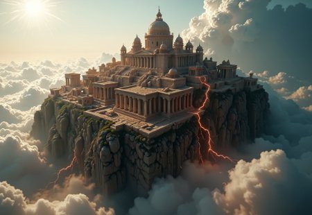the most realistic, photorealistic photo ever taken [(an ancient mythological city:1.5) in the clouds,a dream world shifting landscapes,  Captured with a Hasselblad X2D 100C and an 80mm f/1.9 lens, hyper-realistic textures, soft studio lighting, elegant shadows, incredible realism,  ultra-detailed textures, perfect lighting], aidmaImageUpgrader, glowneon, glowing, sparks, lightning
