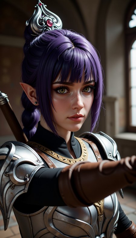 A female character The woman is doing a Archery activity in a mausoleum location. Rendered in a scandinavian christmas art art style. A action pose view of this highly detailed young woman with fantasy aesthetic. Meticulous attention to textures and lighting. subject has fair, smooth complexion hint freckles, pointy ears, large, expressive hazel eyes. Her purple hair styled high ponytail thick braid, adorned silver crown-like headpiece that features intricate, ornate designs. crown focal point, adding regal otherworldly touch her appearance.
She wears dark, high-necked garment metallic, shoulder armor slightly worn, weathered look, suggesting character history adventure or battle. intricately sharp, angular edges rivets, giving it rugged yet elegant appearance. enhancing three-dimensional effect. blend realism, capturing both delicate beauty warrior spirit subject.