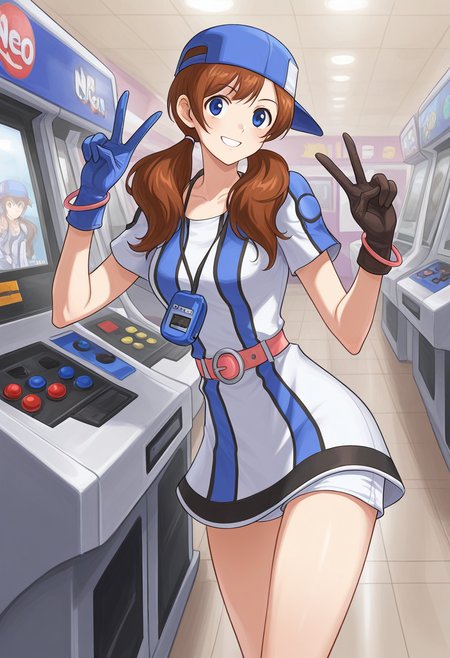 masterpiece, best quality, ultra-detailed, absurdres, newest, 1girl, solo, aingbc, brown hair, long hair, low twintails, blue eyes, baseball cap, multicolored dress, neo geo pocket color necklace, gloves, bracelet, belt, white shorts under dress, indoors, arcade, v, peace, smile,
