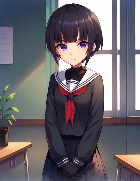 score_9, score_8_up,score_7_up,1girl,solo,cowboy shot,looking at viewer,smile,closed mouth,frown,indoors,
<lora:shirayukichiyo_ponyXLV6:0.8>,cgscy,black hair,short hair,blunt bangs,purple eyes,
covered collarbone,black serafuku,red neckerchief,pleated skirt,black gloves