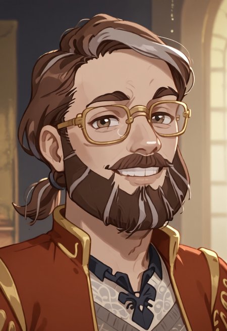 safe_pos, safe_pos, score_9, score_8_up, score_7_up, rating_nsfw, ultra hd, absurdres, solo, 1boy, masterpiece, best quality, best aesthetic, male focus, erotic, mature male, Expressiveh, wolfconf,

EAHPiedPier, facial hair, beard, brown hair with ponytail, multicolored hair, glasses, red coat, shirt with design, (portrait), headshot, looking at viewer, smiling, great lighting, flirty grin