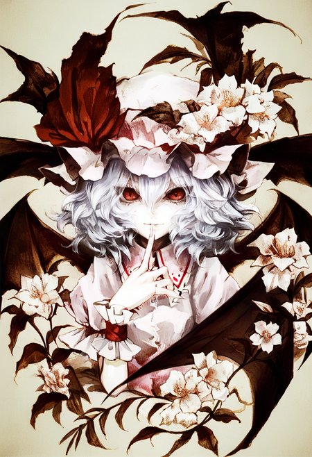 1girl, solo, remilia scarlet, hat, wings, flower, bat wings, red eyes, wrist cuffs, short hair, looking at viewer, mob cap, finger to mouth, upper body, hat ribbon, ribbon <lora:banpaiAkiraOSXL_NBVP1_lokr_V6311P:0.95>