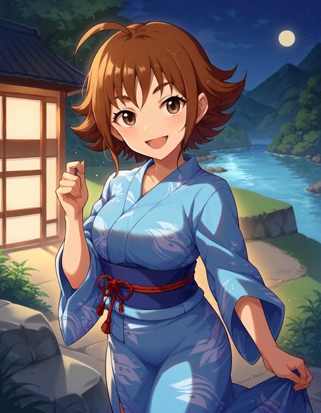 score_9,score_8_up,score_7_up,1girl,solo,cowboy shot,looking at viewer,smile,open mouth,outdoors,night,river,
<lora:nishijimakai_ponyXLV6:0.8>,cgnk,
brown hair,short hair,ahoge,brown eyes,
blue yukata,sash
