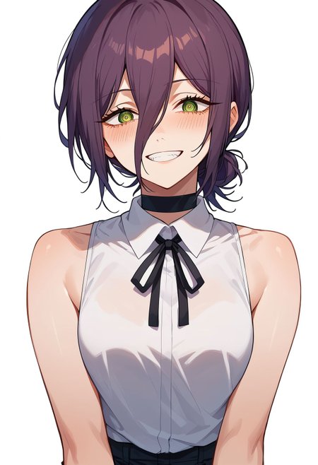 score_9,score_8_up,core_7_up,reze \(chainsaw man\),    <lora:reze_chainsaw_man_pdxl_v1_goofy:1>1girl, bare shoulders, black choker,purple hair, black ribbon, black shorts, blush, choker, green eyes, grin, hair between eyes, hair bun, neck ribbon, ribbon, shirt, short hair, shorts, simple background, single hair bun, sleeveless, sleeveless shirt, smile, solo, white background, white shirt