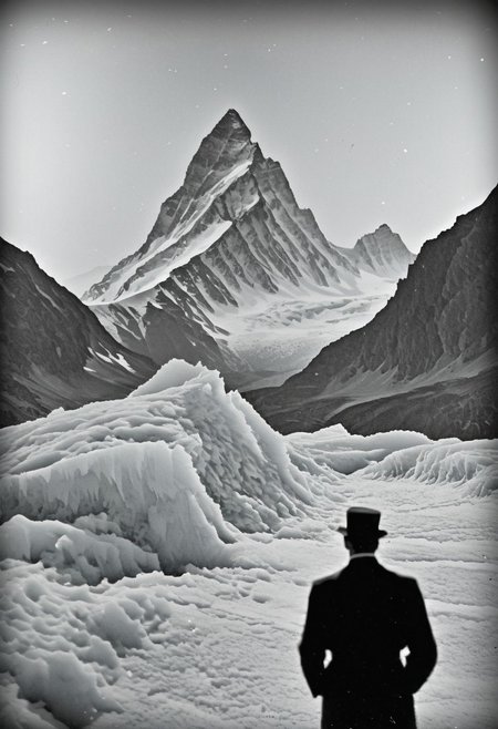 antique photo of mountain range in the distance, ice covered jagged mountain peaks, eerie atmosphere, lonely weanderer looking into the distance,  at the mountains of madness, , lovecraft horror