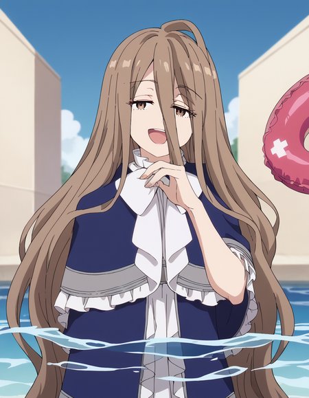 score_9, score_8_up, score_7_up, source_anime, <lora:sense-s1-ponyxl-lora-nochekaiser:1>, sense, long hair, brown hair, hair between eyes, brown eyes, very long hair, ahoge, anime screencap, bow, bowtie, white bow, capelet, blue capelet, frills, wide sleeves,, pool, water, lifeguard, swim lane, float, , <lora:ojou-sama-pose-ponyxl-lora-nochekaiser:1>, ojou-sama pose, laughing, smug, hand to own mouth, open mouth,, looking at viewer, solo,, dutch angle, cowboy shot