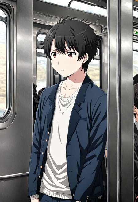 high resolution, solo, best quality, 1Boy, Inaho Kaizuka, Black Hair, train, inside train, OverallDetail